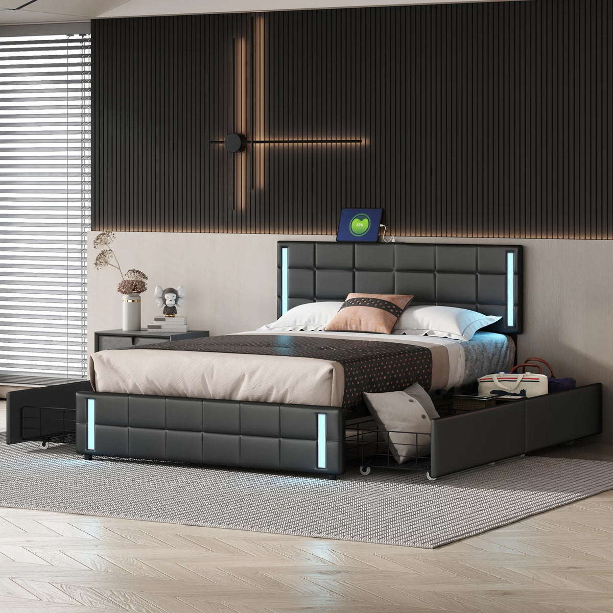 Queen Size Upholstered Platform Bed with LED Lights and USB Charging, 4 Drawers, Black S92292