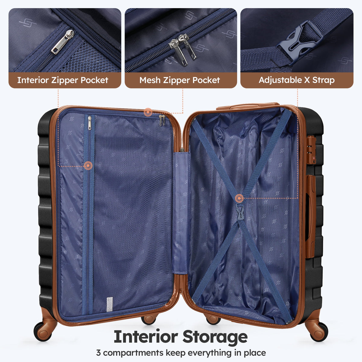 20 inch Carry-on Luggage Spinner Suitcase with Expandable Duffel Bag Travel Set, Black Tan Z95808