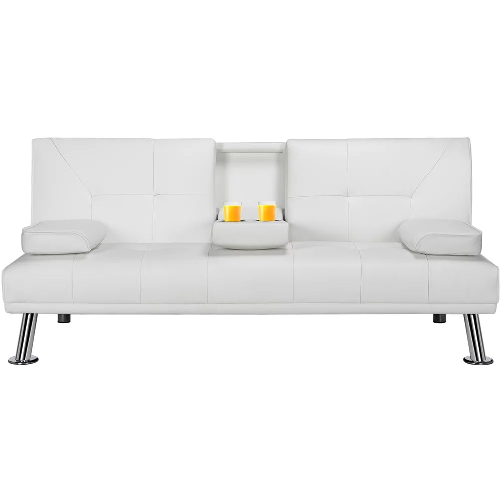 White Faux Leather Futon with Cupholders and Pillows Q420776